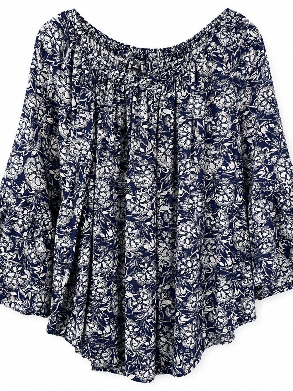 New Directions Curvy 3X Navy White Floral Peasant Blouse  Flowy Bell Sleeve Top